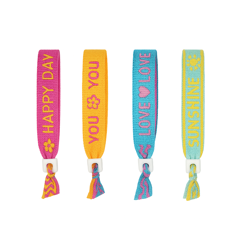 Diverse Straps  (Set van 4 Groen, Geel, Blauw en Roze lintarmbandjes met kraal)